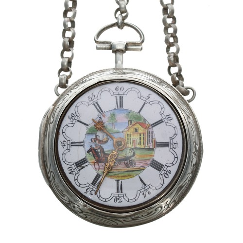 707 - George III silver repoussé pair cased verge pocket watch with a chatelaine attachment, London 1789, ... 