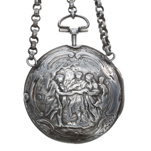 707 - George III silver repoussé pair cased verge pocket watch with a chatelaine attachment, London 1789, ... 