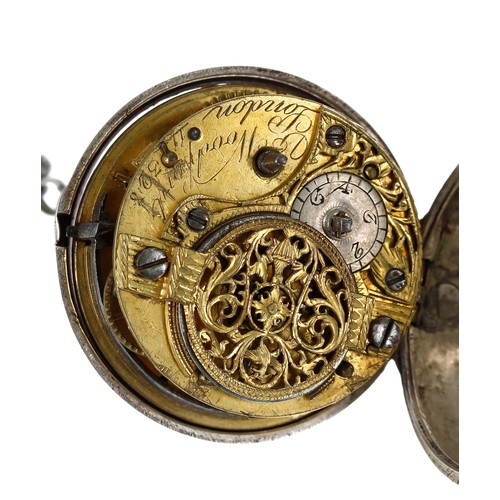 707 - George III silver repoussé pair cased verge pocket watch with a chatelaine attachment, London 1789, ... 