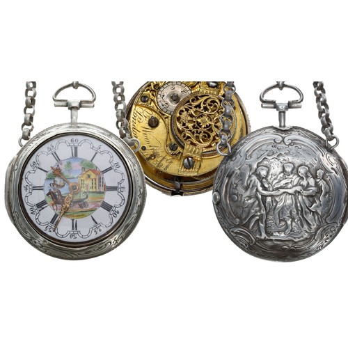 707 - George III silver repoussé pair cased verge pocket watch with a chatelaine attachment, London 1789, ... 