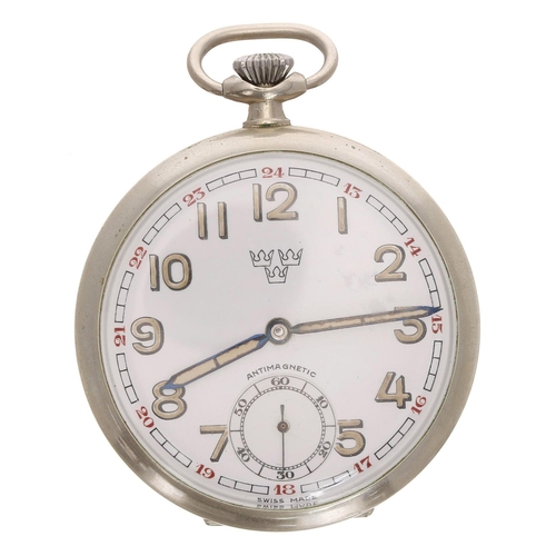 632 - Swiss nickel cased lever pocket watch, gilt frosted 15 jewel movement, Arabic numeral dial with thre... 