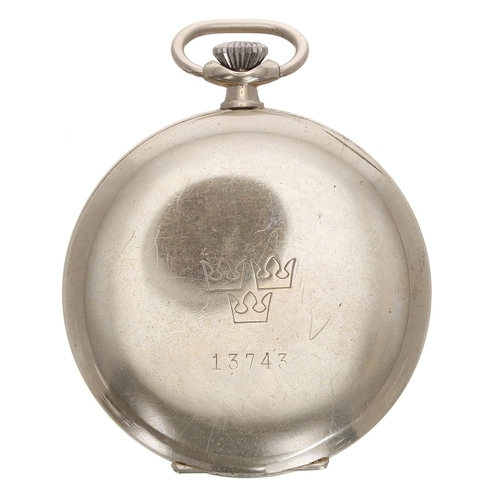 632 - Swiss nickel cased lever pocket watch, gilt frosted 15 jewel movement, Arabic numeral dial with thre... 