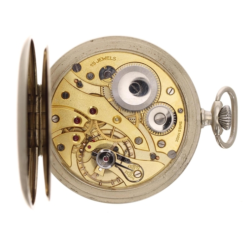 632 - Swiss nickel cased lever pocket watch, gilt frosted 15 jewel movement, Arabic numeral dial with thre... 