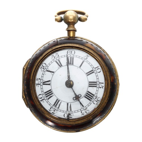 647 - English 18th century gilt metal and tortoiseshell pair cased verge pocket watch, the fusee movement ... 