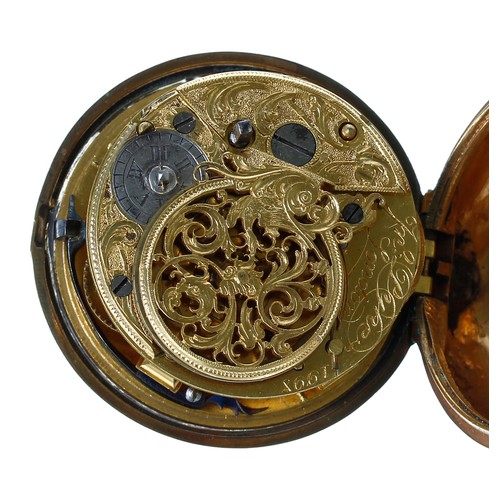 647 - English 18th century gilt metal and tortoiseshell pair cased verge pocket watch, the fusee movement ... 