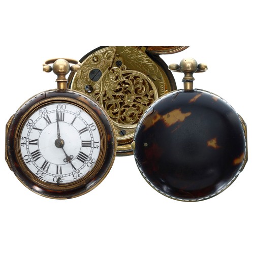 647 - English 18th century gilt metal and tortoiseshell pair cased verge pocket watch, the fusee movement ... 