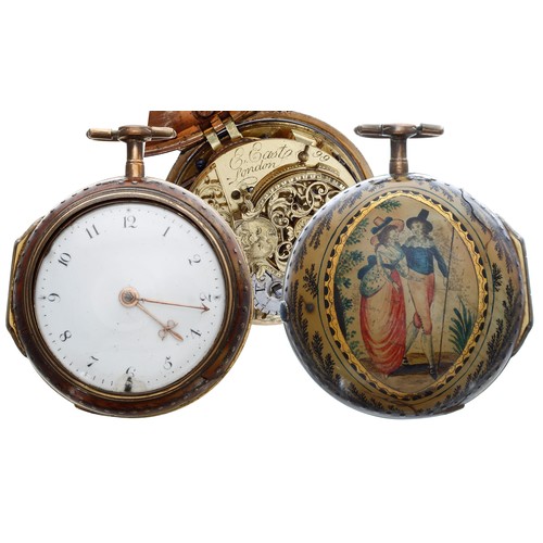 648 - English 18th century gilt metal and horn pair cased verge pocket watch, the fusee movement signed E.... 