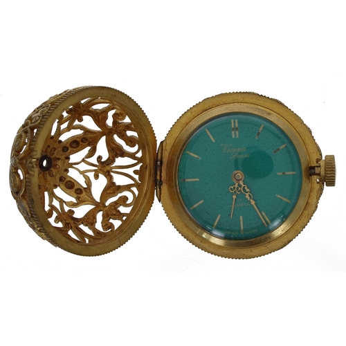 658 - Ornate novelty gilt filigree ball pendant watch, the green dial signed Venezia Sicura, 41.9gm, 32mm... 