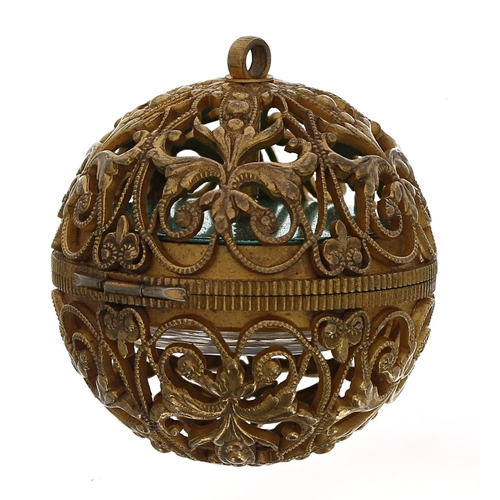 658 - Ornate novelty gilt filigree ball pendant watch, the green dial signed Venezia Sicura, 41.9gm, 32mm... 