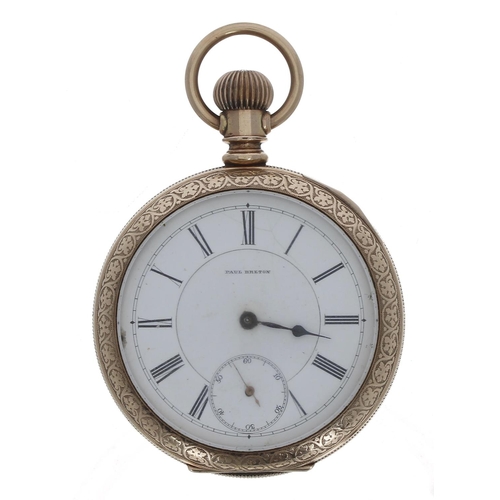 659 - Paul Breton Swiss gold plated lever set pocket watch, gilt frosted movement with compensated balance... 