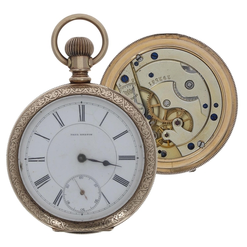 659 - Paul Breton Swiss gold plated lever set pocket watch, gilt frosted movement with compensated balance... 