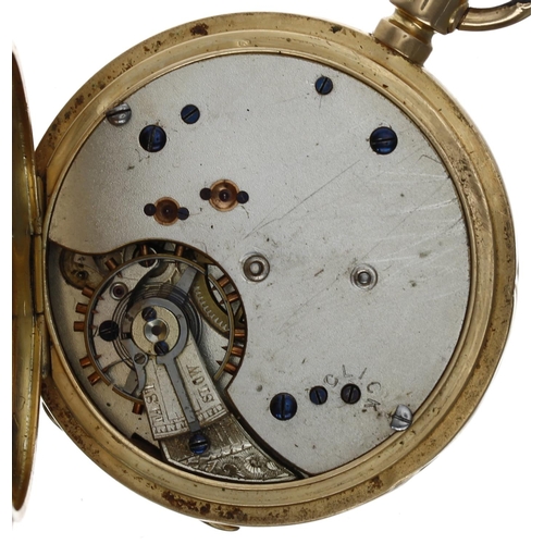 660 - Continental 18ct half hunter lever set pocket watch for repair, unsigned movement, 18ct hinged cuvet... 