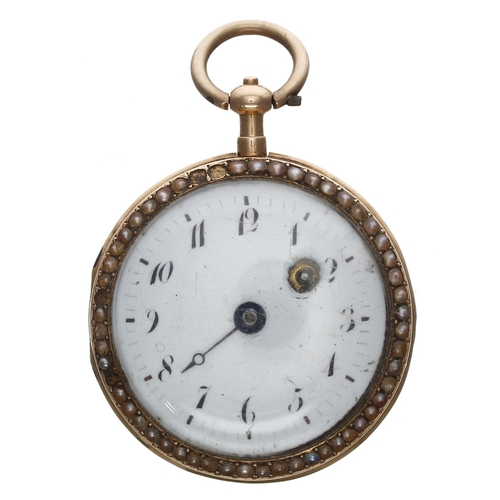 662 - Attractive 19th century gold, enamel and seed pearl verge fob watch, the movement with pierced balan... 