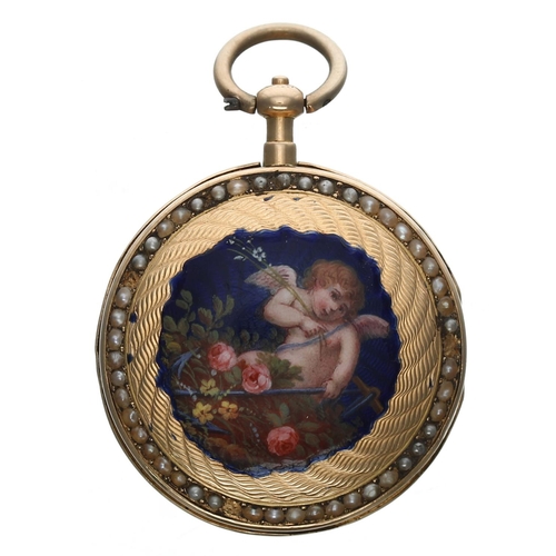 662 - Attractive 19th century gold, enamel and seed pearl verge fob watch, the movement with pierced balan... 