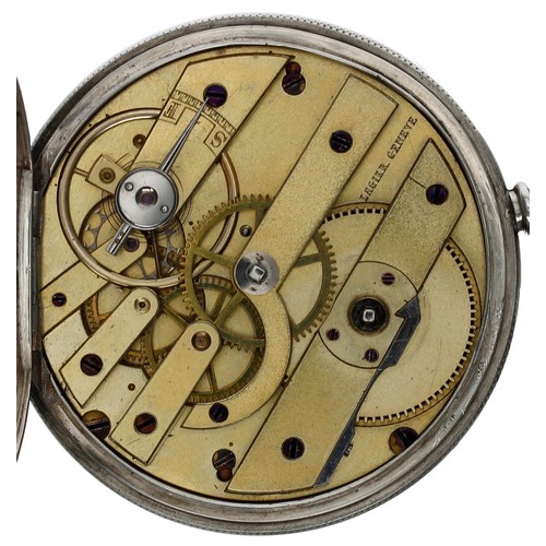 671 - Lagiér, Genéve white meta cylinder pocket watch, singed gilt frosted bar movement, the cuvette inscr... 