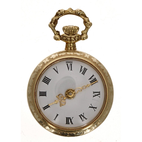 684 - Swiss 18ct miniature fob watch, 17 jewel lever movement, the dial with Roman numerals and Louis styl... 