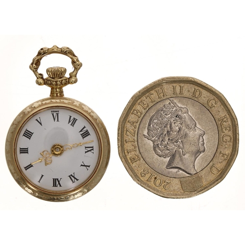 684 - Swiss 18ct miniature fob watch, 17 jewel lever movement, the dial with Roman numerals and Louis styl... 