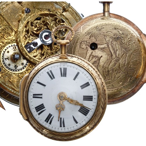 701 - Late 18th century gilt verge pocket watch, the unsigned fusee movement with pierced engraved balance... 