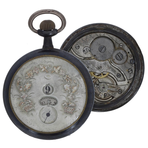 703 - Continental gunmetal 'jump hour' lever pocket watch, the decorated silvered dial with hour and minut... 