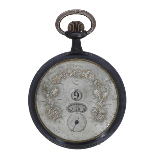 703 - Continental gunmetal 'jump hour' lever pocket watch, the decorated silvered dial with hour and minut... 