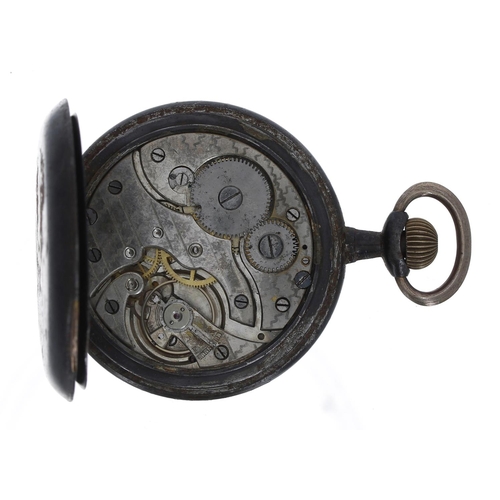 703 - Continental gunmetal 'jump hour' lever pocket watch, the decorated silvered dial with hour and minut... 