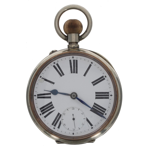 704 - Omega Goliath nickel cased lever pocket watch, gilt frosted movement, hinged cuvette, enamel dial wi... 