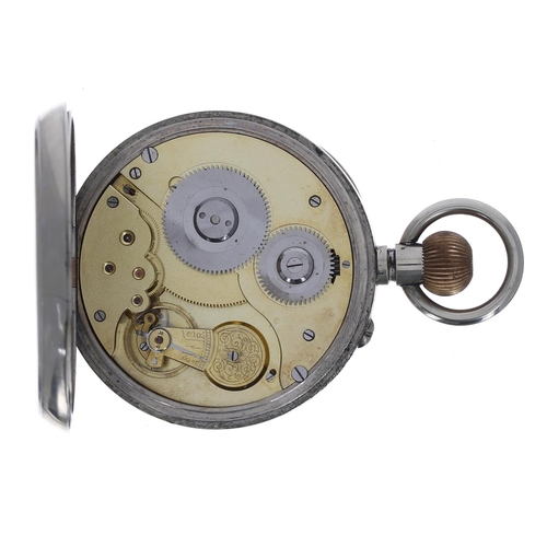 704 - Omega Goliath nickel cased lever pocket watch, gilt frosted movement, hinged cuvette, enamel dial wi... 