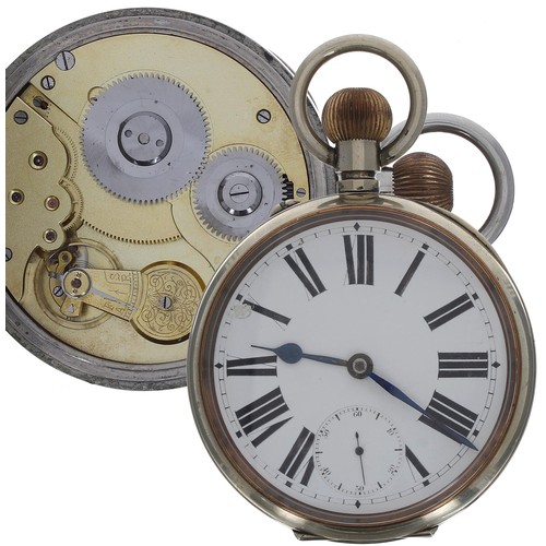 704 - Omega Goliath nickel cased lever pocket watch, gilt frosted movement, hinged cuvette, enamel dial wi... 