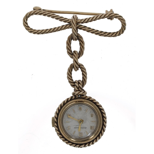 705 - Jaeger-LeCoultre 9ct pendant watch with a rope design brooch attachment, London 1953, signed movemen... 