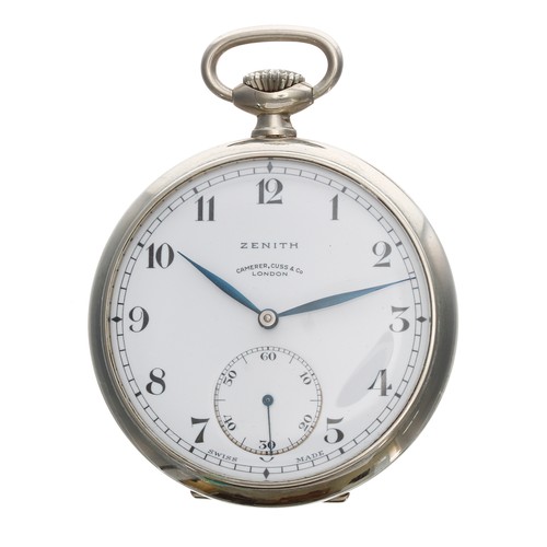 641 - Zenith nickel cased lever pocket watch, signed gilt frosted movement, no. 4258609, hinged cuvette, s... 