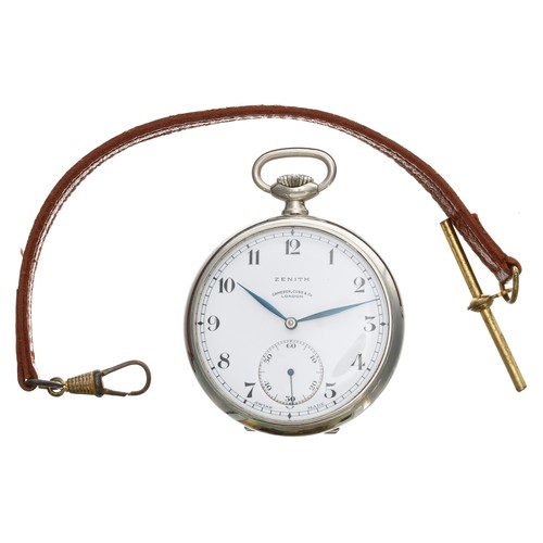 641 - Zenith nickel cased lever pocket watch, signed gilt frosted movement, no. 4258609, hinged cuvette, s... 