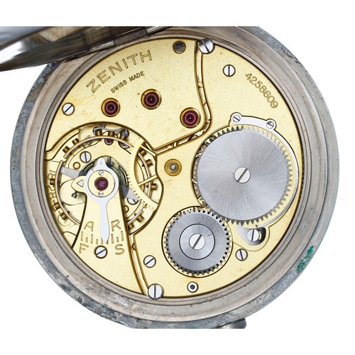 641 - Zenith nickel cased lever pocket watch, signed gilt frosted movement, no. 4258609, hinged cuvette, s... 