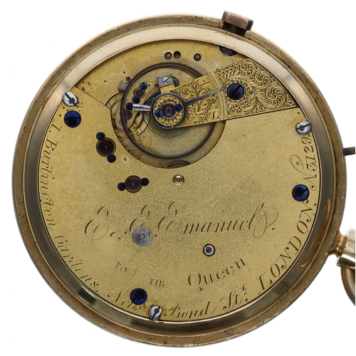 708 - 19th century 18ct centre seconds lever pocket watch, London 1867, free sprung gilt three quarter pla... 