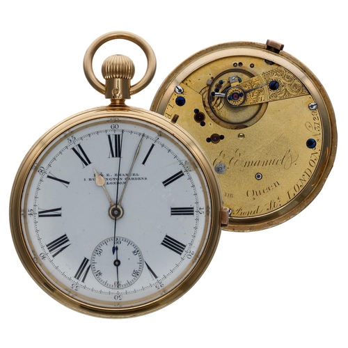 708 - 19th century 18ct centre seconds lever pocket watch, London 1867, free sprung gilt three quarter pla... 