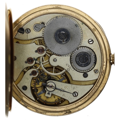 710 - 18ct lever pocket watch, unsigned frosted movement, 18ct hinged cuvette dated July 5th 1911, the dia... 