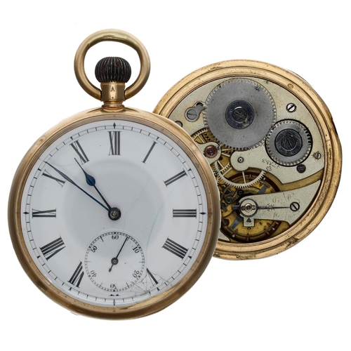 710 - 18ct lever pocket watch, unsigned frosted movement, 18ct hinged cuvette dated July 5th 1911, the dia... 