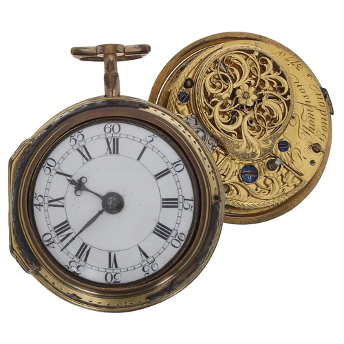 713 - English 18th century gilt metal and tortoiseshell verge pair cased pocket watch, the fusee movement ... 