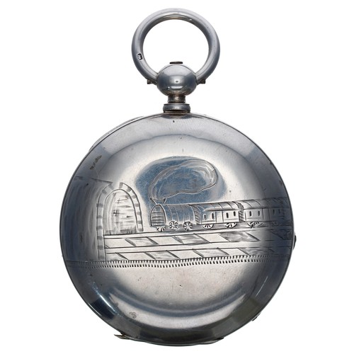 717 - Interesting white metal dual-time hunter pocket watch, unsigned lever movement, the cuvette branded ... 