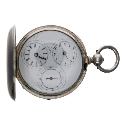 717 - Interesting white metal dual-time hunter pocket watch, unsigned lever movement, the cuvette branded ... 