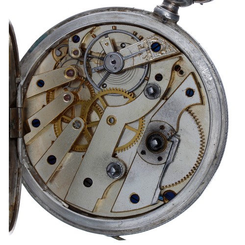 717 - Interesting white metal dual-time hunter pocket watch, unsigned lever movement, the cuvette branded ... 