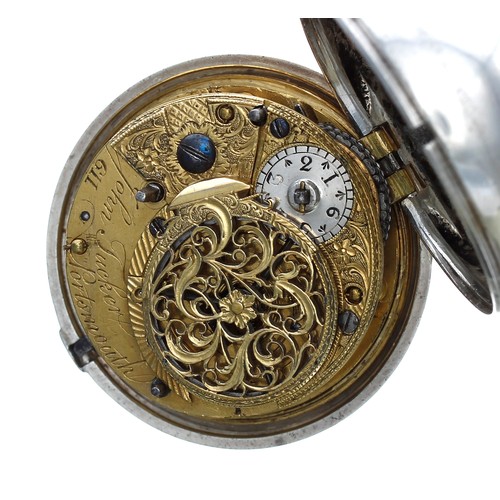 719 - English 18th century silver pair cased verge pocket watch, London 1779,, the gilt fusee movement sig... 