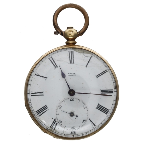 736 - Small Swiss 18ct cylinder pocket watch, the movement signed Baume, Geneve, metal cuvette, signed dia... 