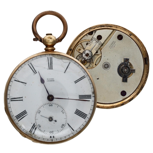 736 - Small Swiss 18ct cylinder pocket watch, the movement signed Baume, Geneve, metal cuvette, signed dia... 