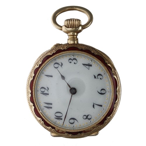 739 - Attractive Continental 18ct, enamel and diamond lever fob watch, gilt bar movement, 18ct cuvette, th... 