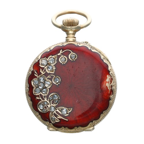 739 - Attractive Continental 18ct, enamel and diamond lever fob watch, gilt bar movement, 18ct cuvette, th... 