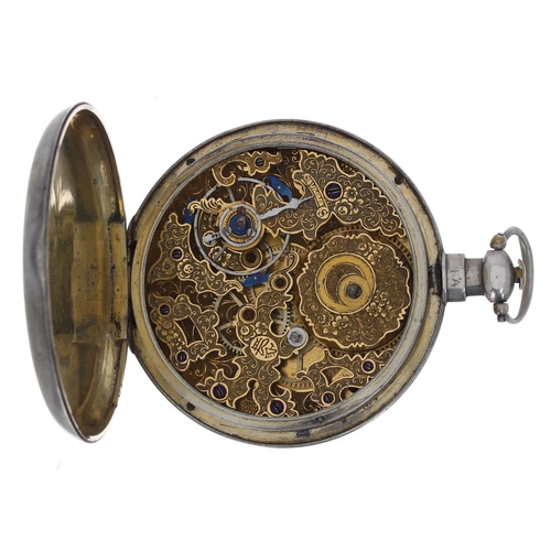 740 - White metal centre seconds duplex pocket watch made for the Chinese market, elaborately engraved sig... 