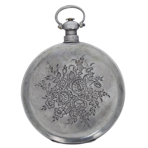 740 - White metal centre seconds duplex pocket watch made for the Chinese market, elaborately engraved sig... 