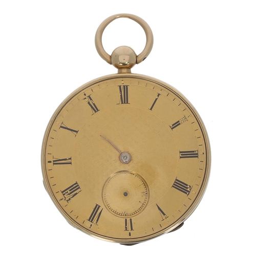 741 - Irish 18ct gold duplex pocket watch, gilt movement with gilt three arm balance, regulator and compen... 