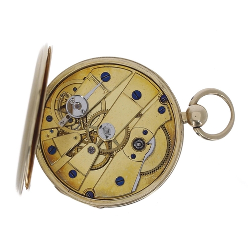 741 - Irish 18ct gold duplex pocket watch, gilt movement with gilt three arm balance, regulator and compen... 