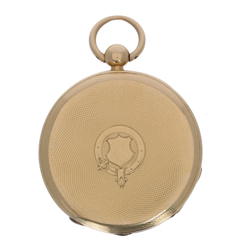 741 - Irish 18ct gold duplex pocket watch, gilt movement with gilt three arm balance, regulator and compen... 